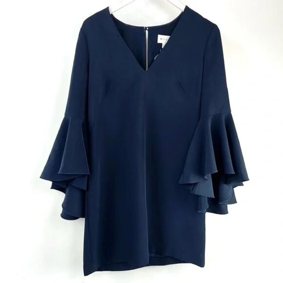 Milly Nicole Navy Italian Cady Bell Sleeve Shift Dress - Picture 1 of 10